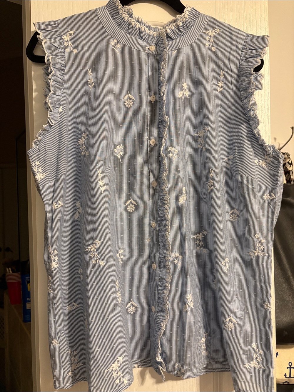 Talbots Blue Striped Sleeveless Button-Up Top with White Floral Embroidery
